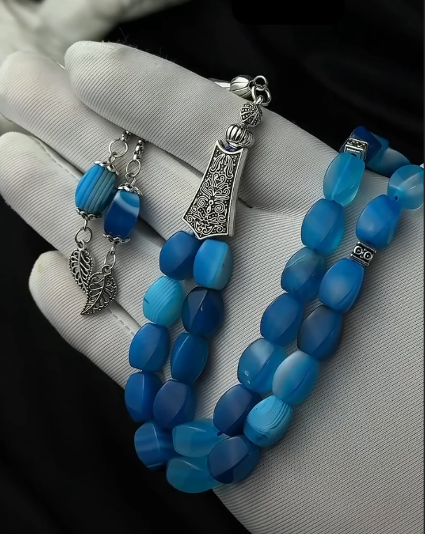 Natural Blue Agate Aqeeq gemStone  33 Beads Tasbih