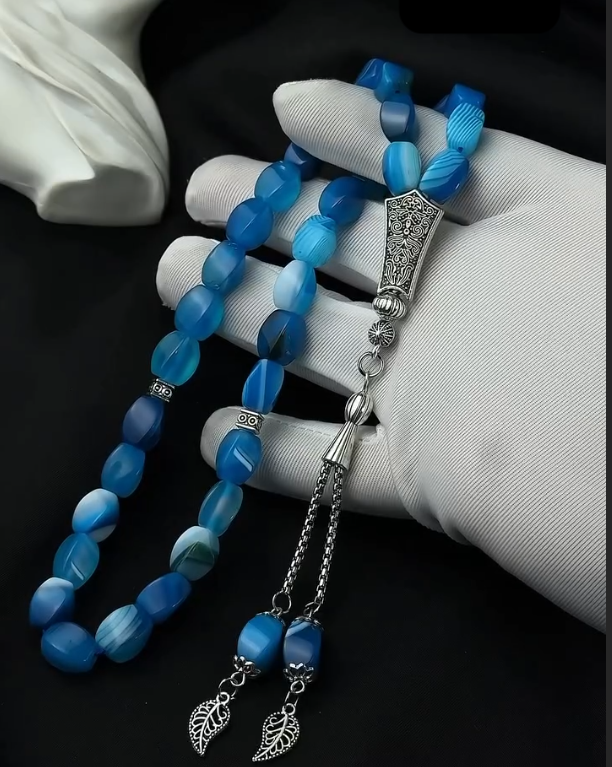 Natural Blue Agate Aqeeq gemStone  33 Beads Tasbih