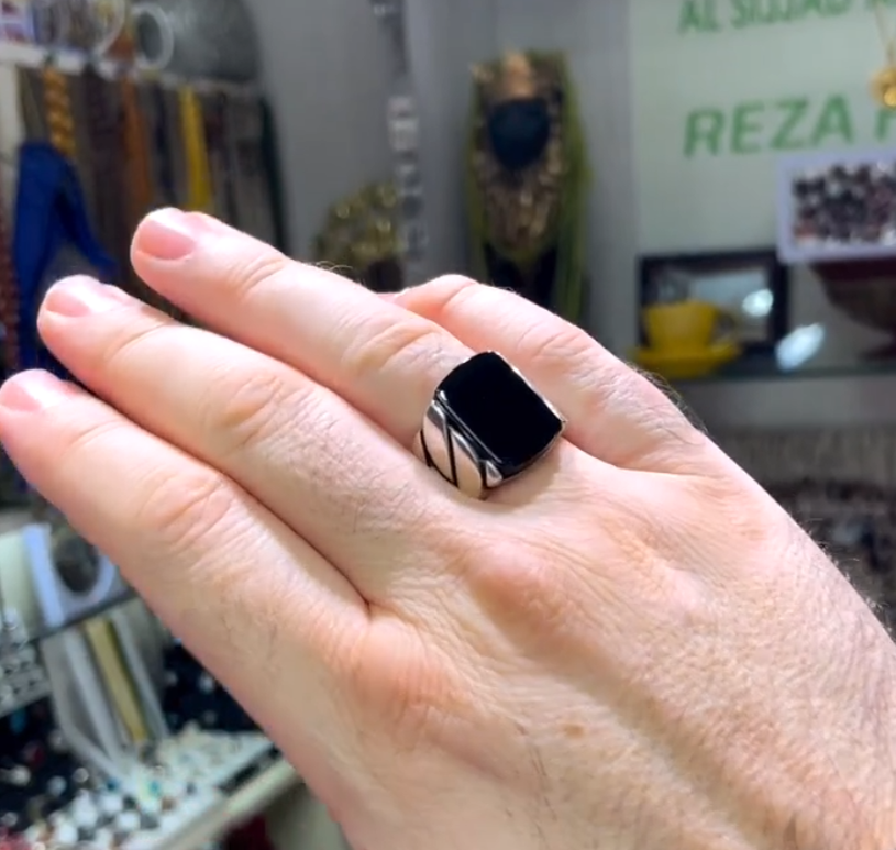 Black Zircon Stone Men's Silver Ring With Black Zircon Bracelet