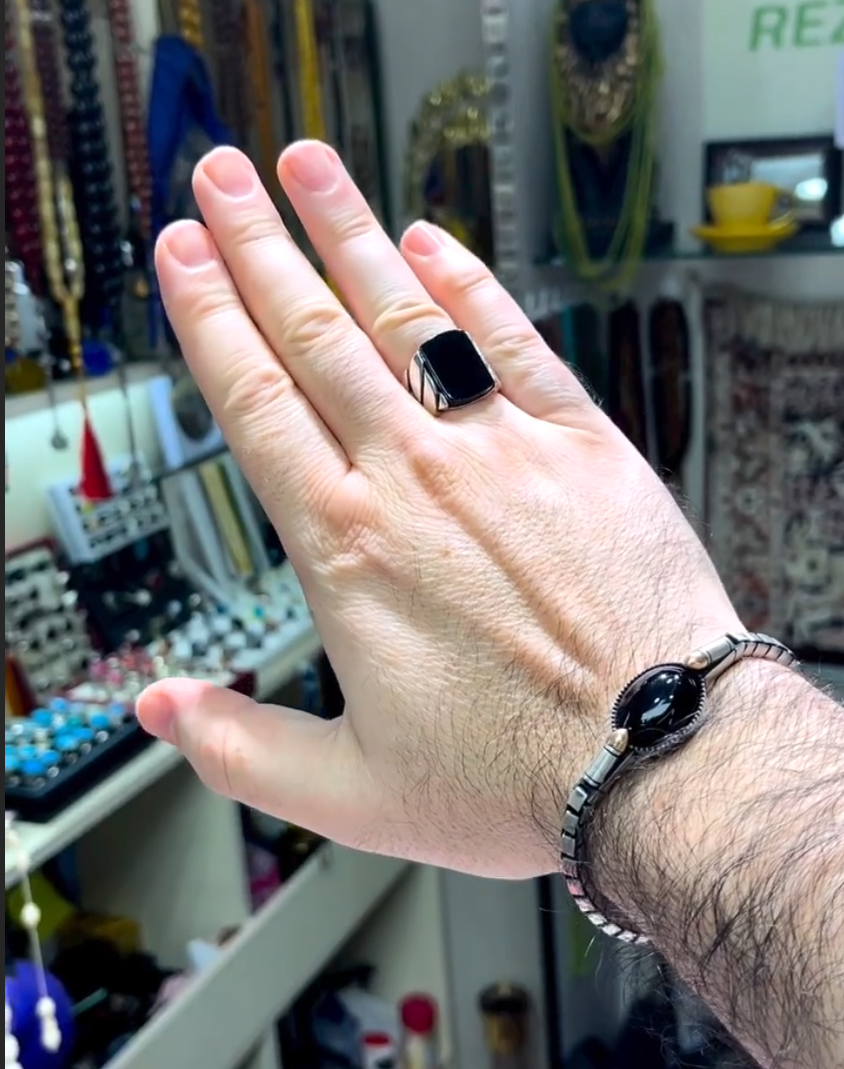 Black Zircon Stone Men's Silver Ring With Black Zircon Bracelet