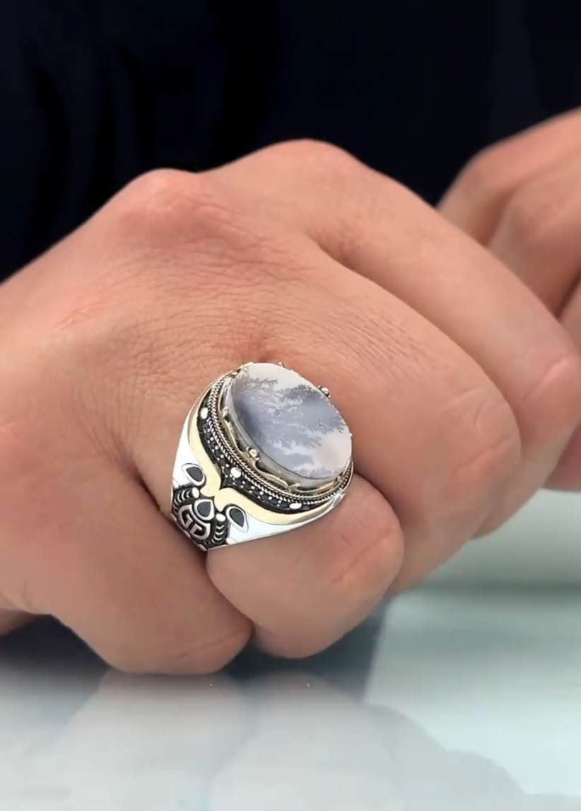 Shajri Aqeeq – Natural Dendritic Agate 925 Silver – VIP Ring
