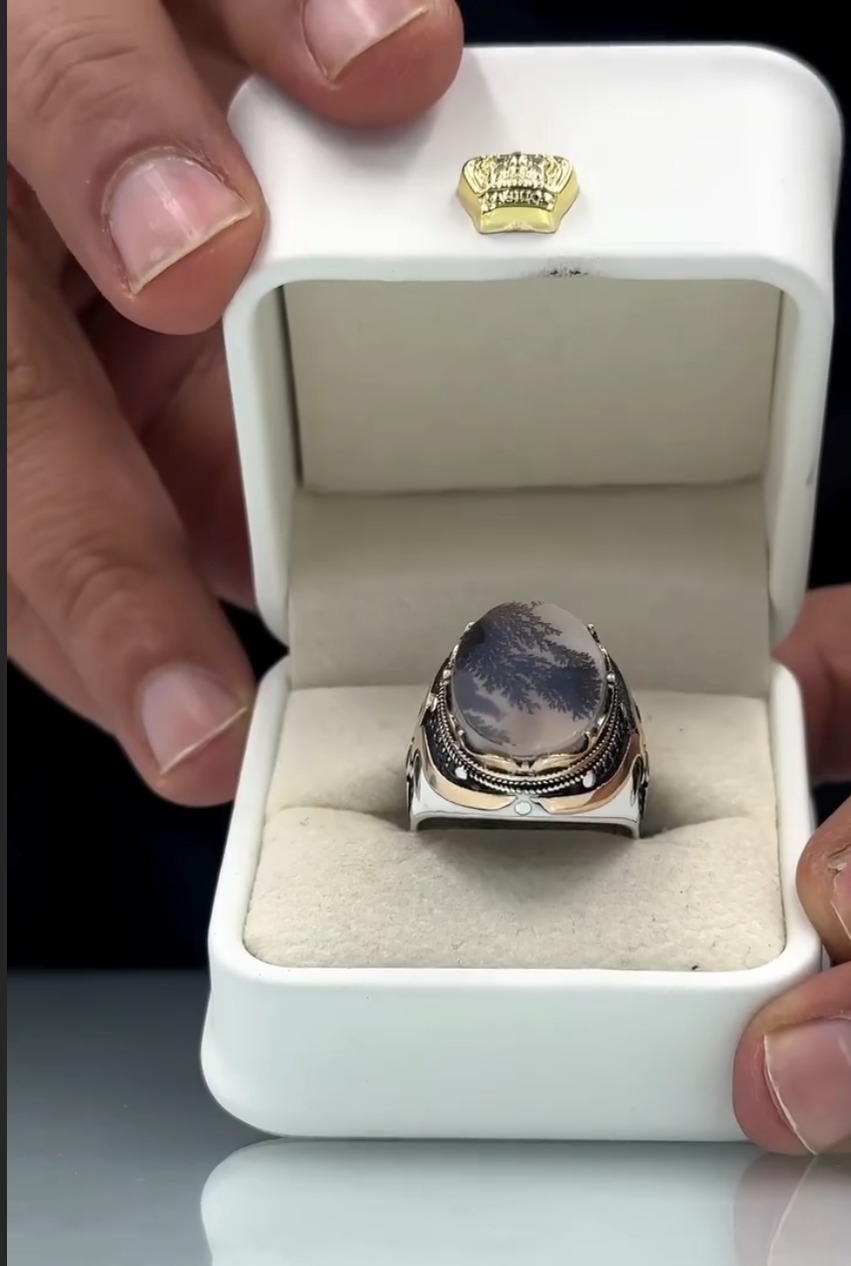 Shajri Aqeeq – Natural Dendritic Agate 925 Silver – VIP Ring